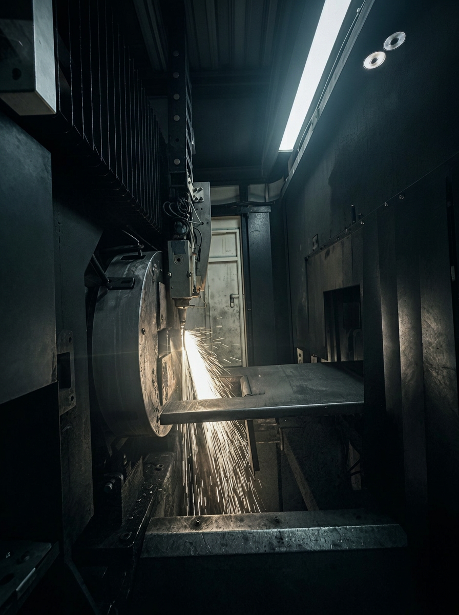 Sparks flying as the tube laser cuts structural steel tube