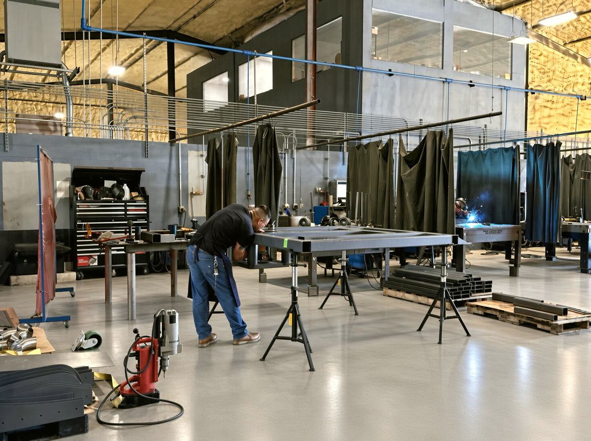 Curtained welding bays with steel weld tables in the fabrication shop