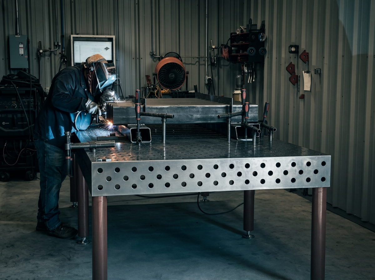 Welder joining tube on a fixture table inside a Top J Metal Works weld bay